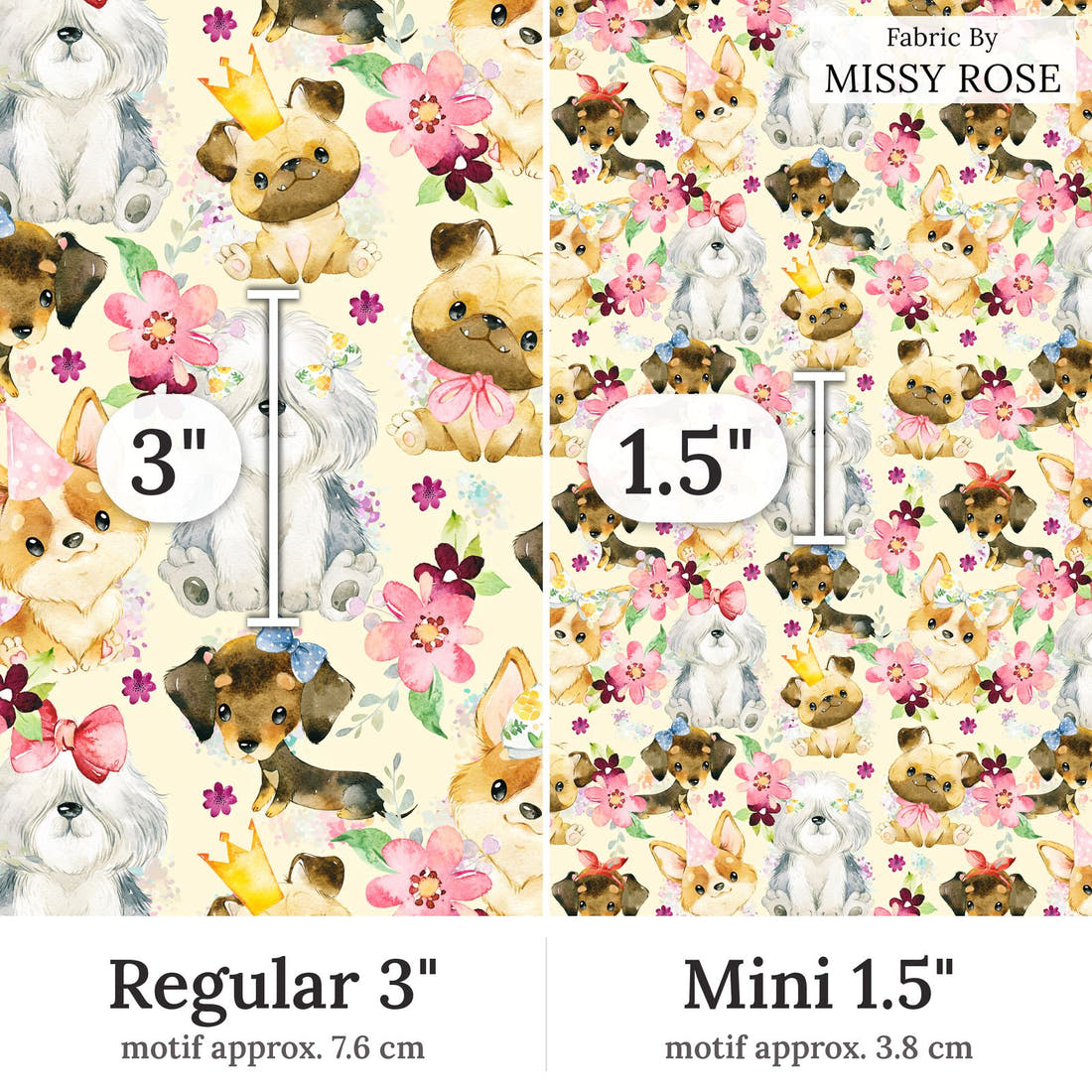 Design 165 Cute Yellow Dogs Fabric Regular 3 inch vs Mini 1.5 inch print scale side by side | Fabric by Missy Rose