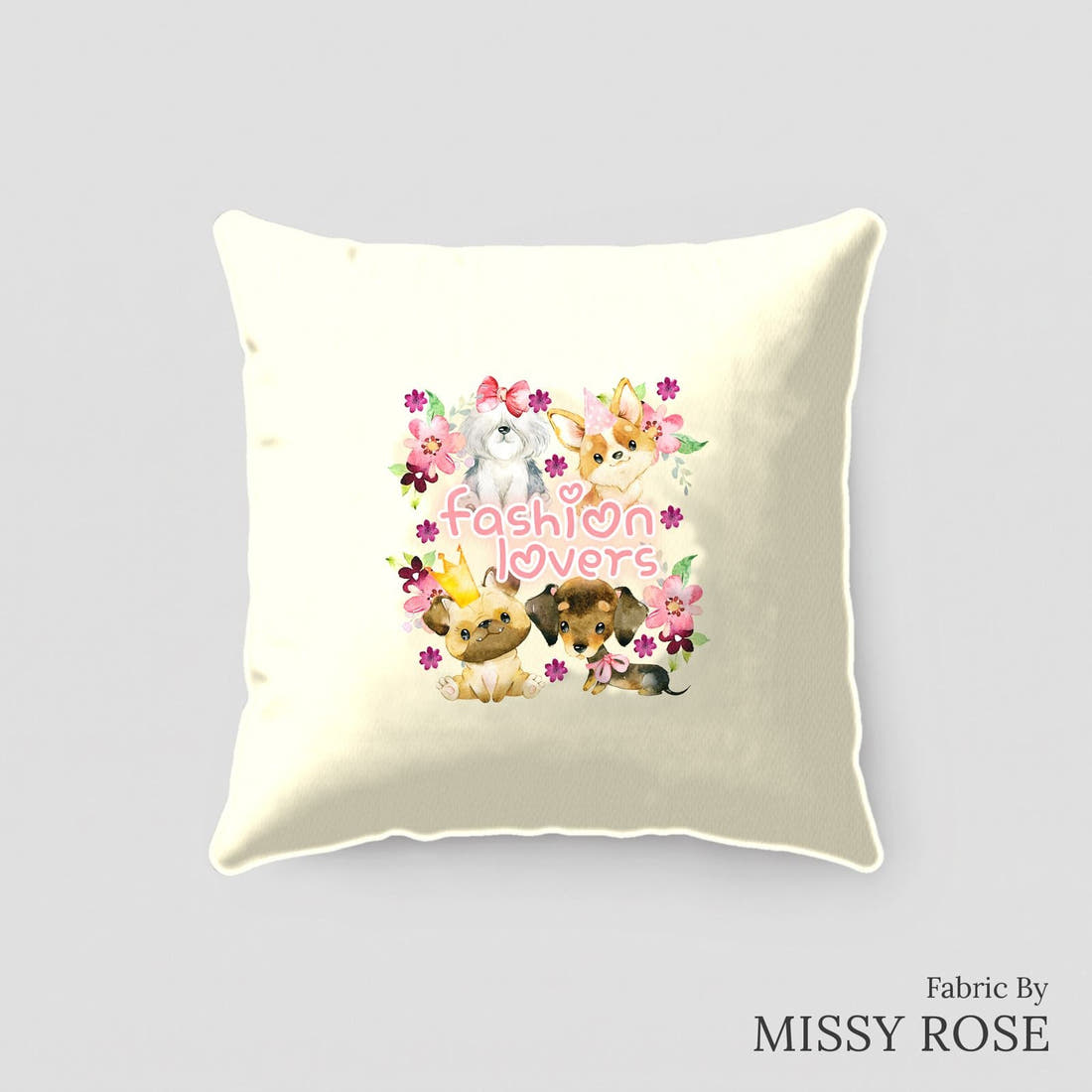 Design 165 Cute Yellow Dogs Panel sewn into a cushion – see how the panel looks made up | Fabric by Missy Rose