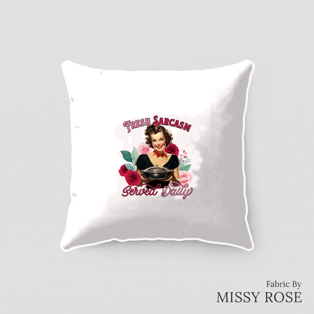 Design 166 Sarcasm Panel sewn into a cushion – see how the panel looks made up | Fabric by Missy Rose