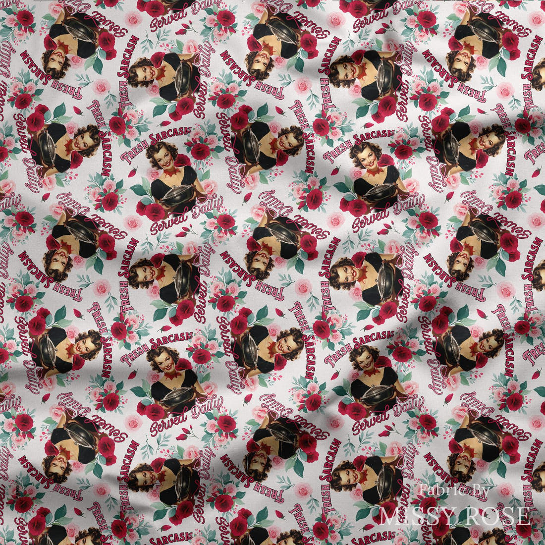 Design 166 Sarcasm Fabric draped fabric mockup – custom printed fabric by the metre | Fabric by Missy Rose