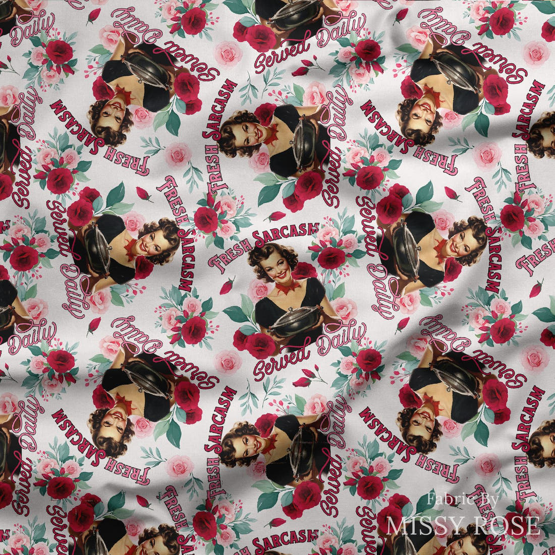 Design 166 Sarcasm Fabric draped fabric mockup – custom printed fabric by the metre | Fabric by Missy Rose