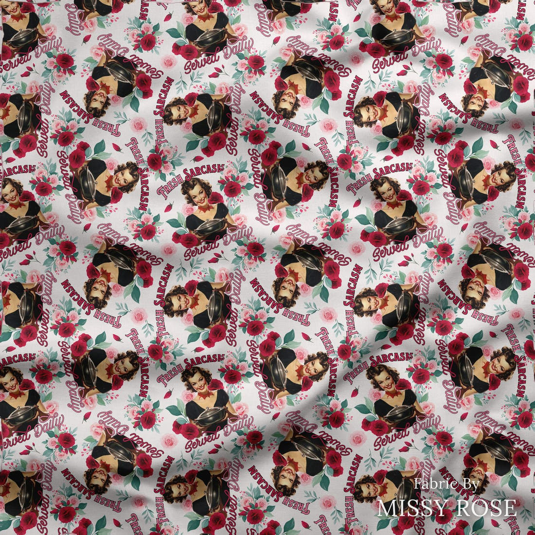 Design 166 Sarcasm Fabric draped fabric mockup – custom printed fabric by the metre | Fabric by Missy Rose
