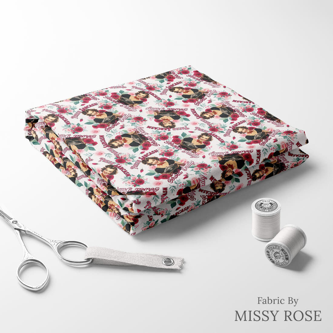 Design 166 Sarcasm Fabric folded fabric stack with matching thread – pre-order fabric Australia | Fabric by Missy Rose