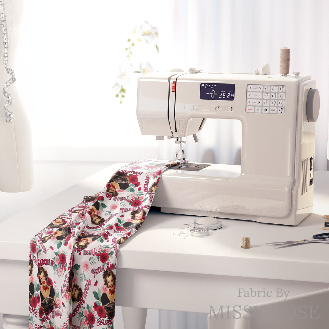 Design 166 Sarcasm Fabric on a sewing machine – premium fabric for sewing projects | Fabric by Missy Rose