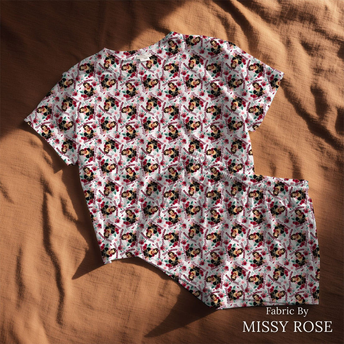 Design 166 Sarcasm Fabric sewn into a lounge set – see how the print looks made up | Fabric by Missy Rose