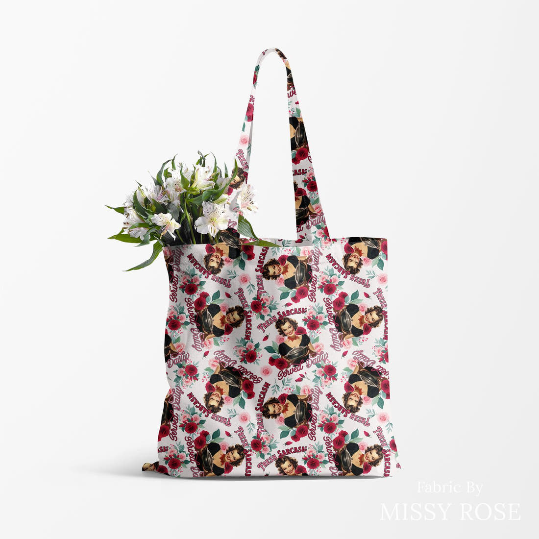 Design 166 Sarcasm Fabric made up as a tote bag – see how the print looks made up | Fabric by Missy Rose