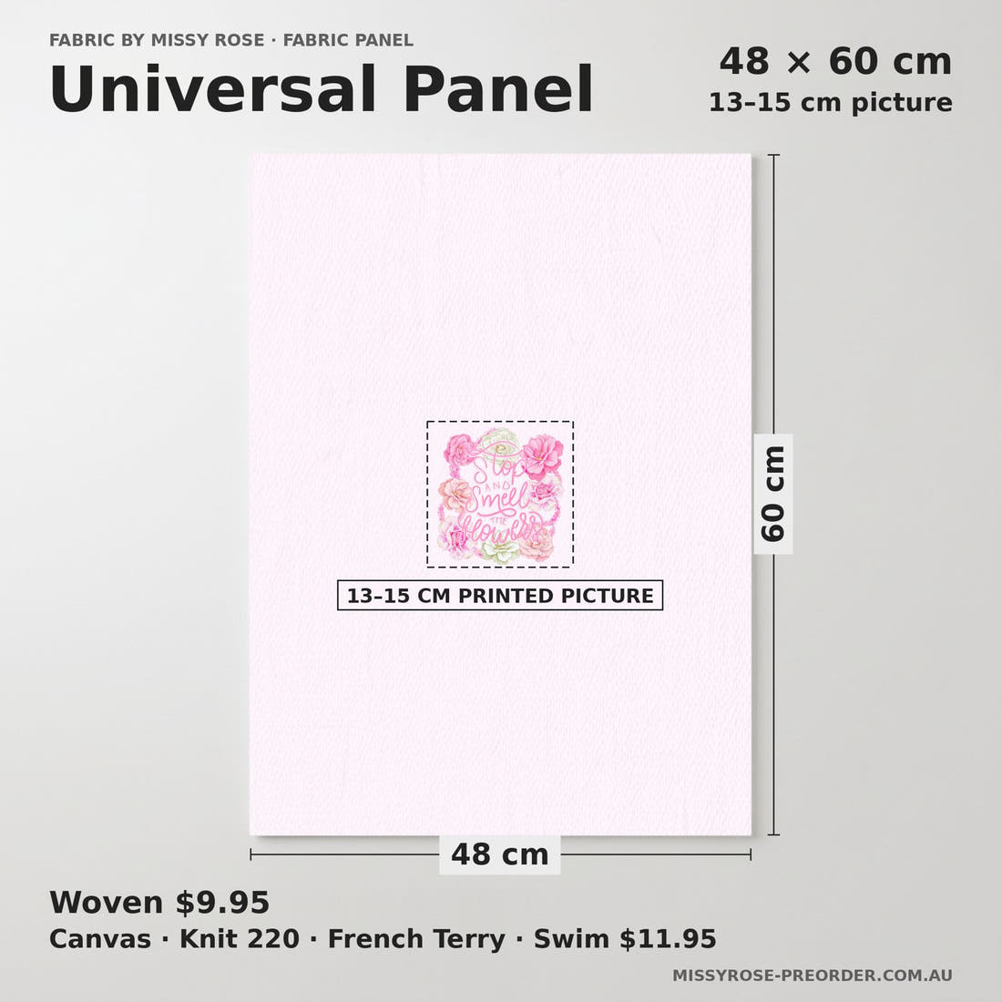 Design 167 Pink Floral Panel universal panel sizing – 13–15 cm printed picture on 48 × 60 cm fabric | Fabric by Missy Rose
