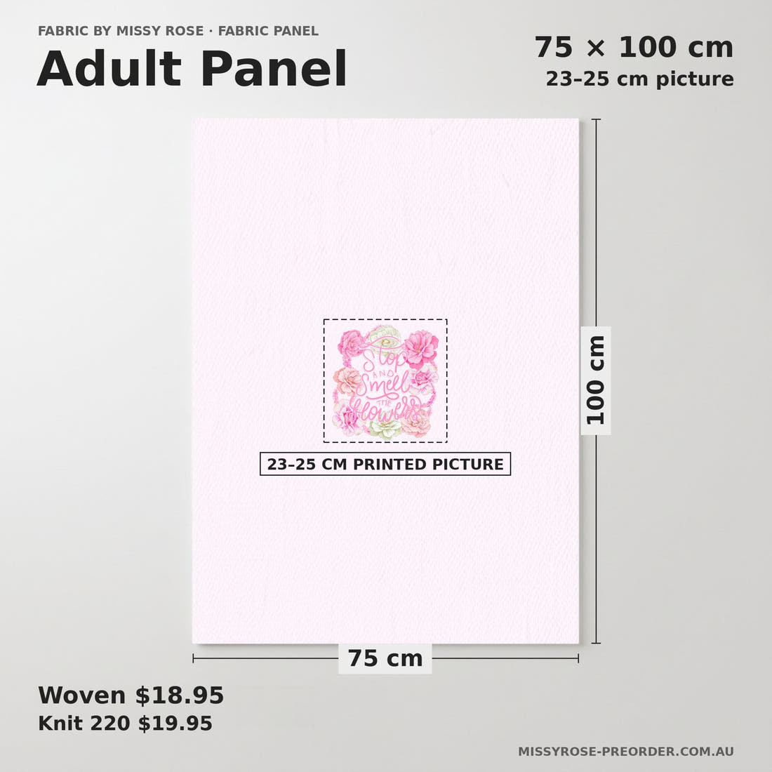 Design 167 Pink Floral Panel adult panel sizing – 23–25 cm printed picture on 75 × 100 cm fabric | Fabric by Missy Rose