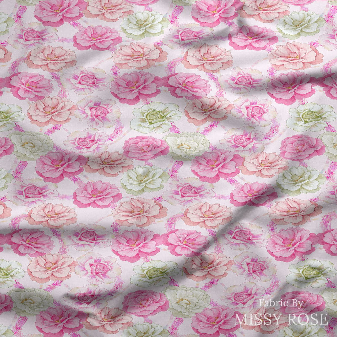 Design 167 Pink Floral Fabric draped fabric mockup – custom printed fabric by the metre | Fabric by Missy Rose