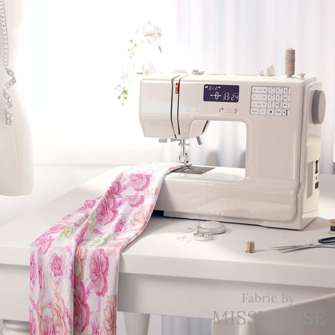 Design 167 Pink Floral Fabric on a sewing machine – premium fabric for sewing projects | Fabric by Missy Rose