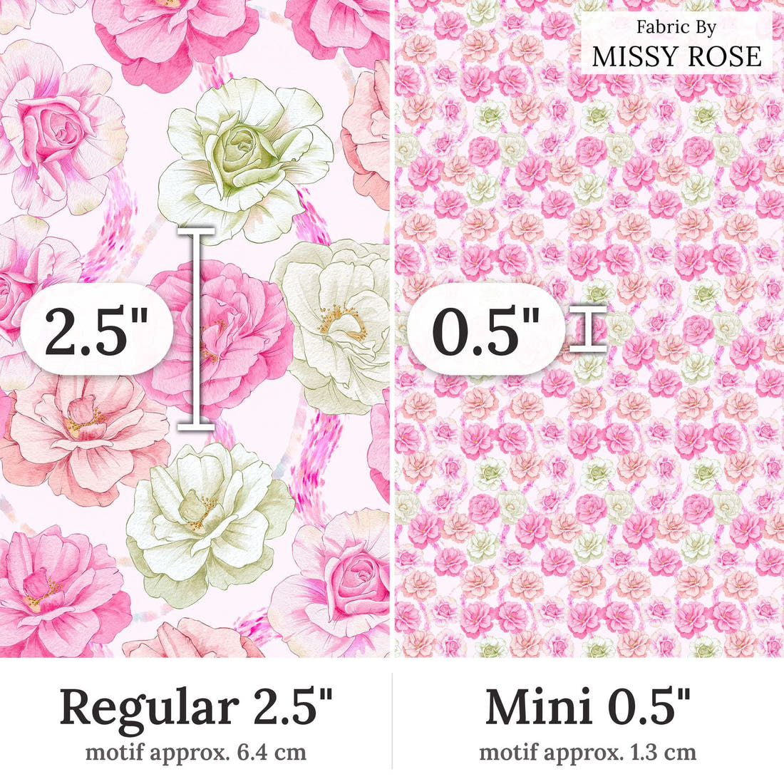 Design 167 Pink Floral Fabric Regular 2.5 inch vs Mini 0.5 inch print scale side by side | Fabric by Missy Rose