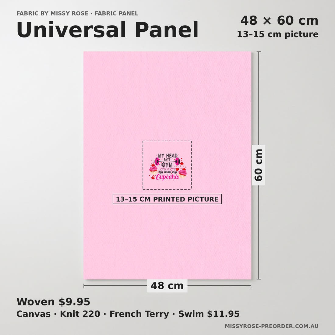 Design 168 Pink Gym Panel universal panel sizing – 13–15 cm printed picture on 48 × 60 cm fabric | Fabric by Missy Rose