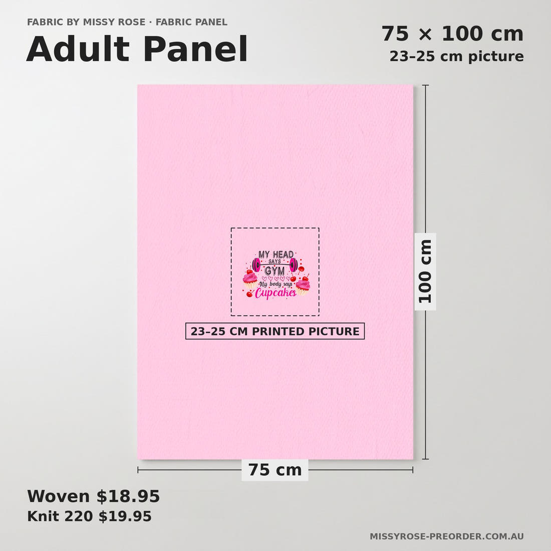 Design 168 Pink Gym Panel adult panel sizing – 23–25 cm printed picture on 75 × 100 cm fabric | Fabric by Missy Rose