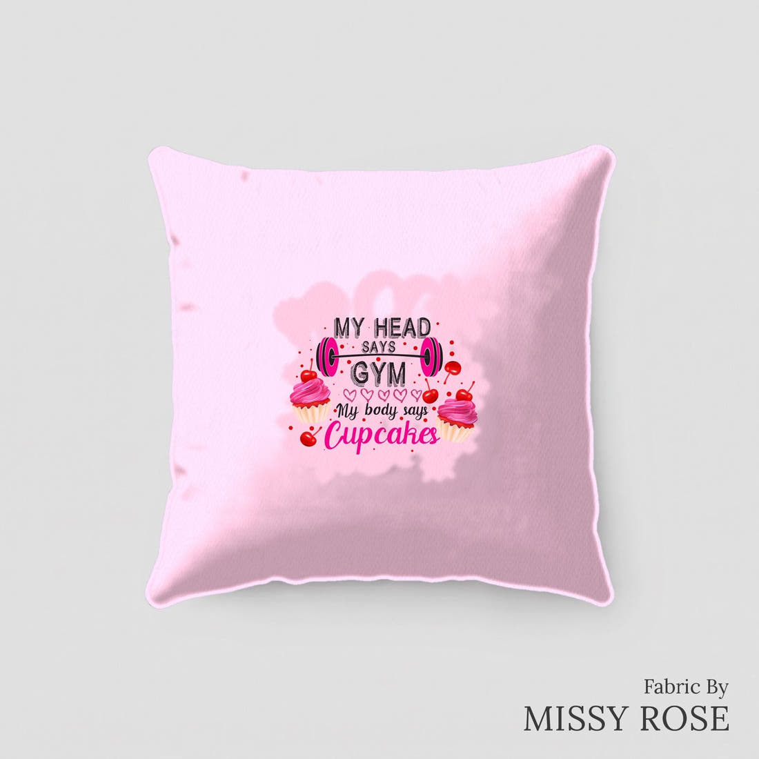 Design 168 Pink Gym Panel sewn into a cushion – see how the panel looks made up | Fabric by Missy Rose