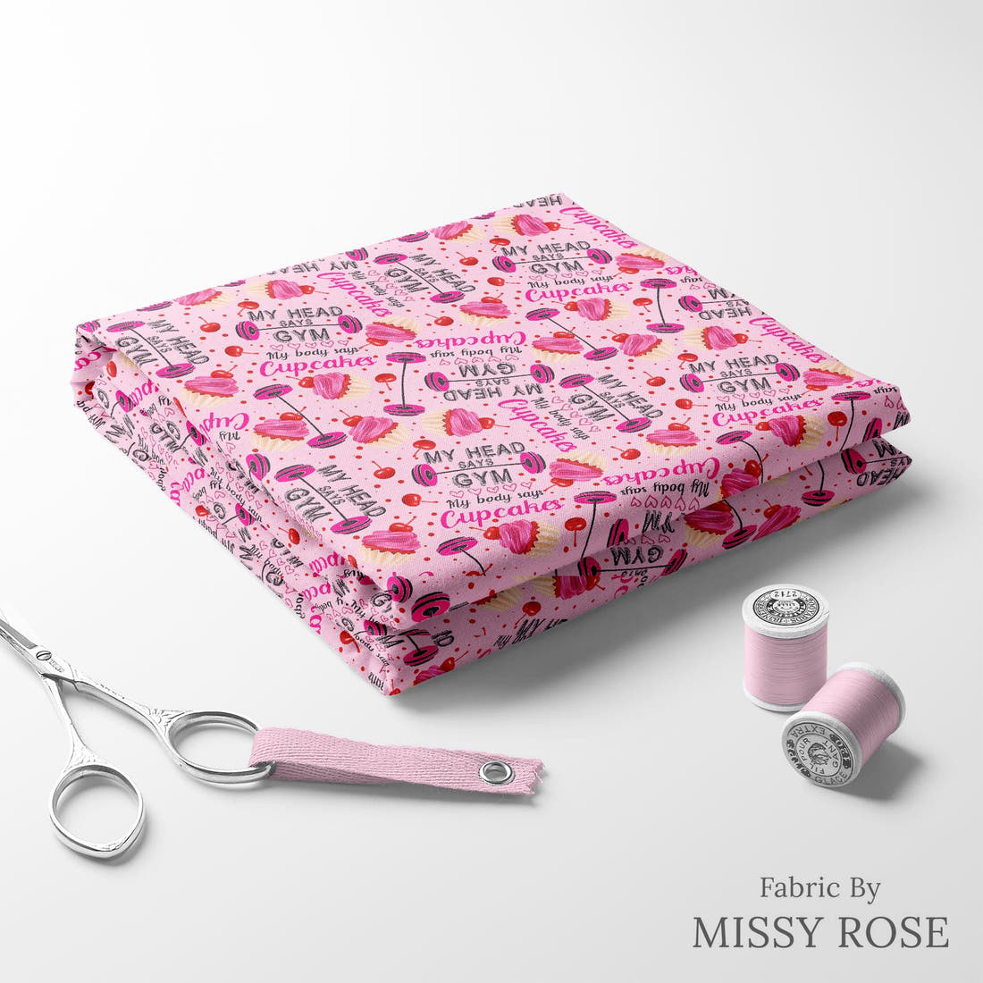 Design 168 Pink Gym Fabric folded fabric stack with matching thread – pre-order fabric Australia | Fabric by Missy Rose