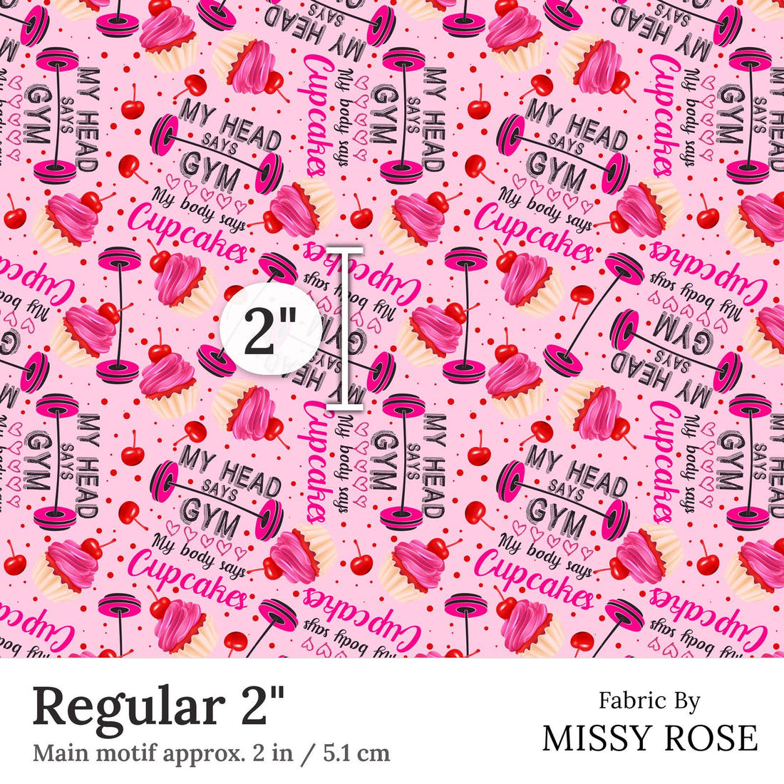 Design 168 Pink Gym Fabric Regular 2 inch print scale guide | Fabric by Missy Rose