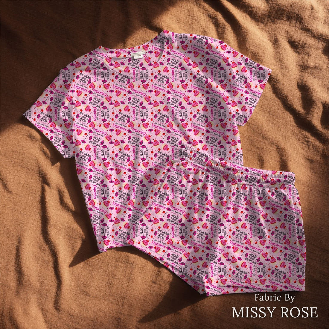 Design 168 Pink Gym Fabric sewn into a lounge set – see how the print looks made up | Fabric by Missy Rose