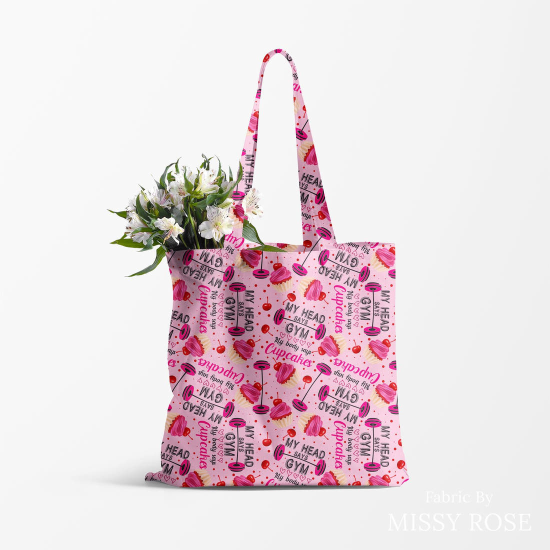 Design 168 Pink Gym Fabric made up as a tote bag – see how the print looks made up | Fabric by Missy Rose
