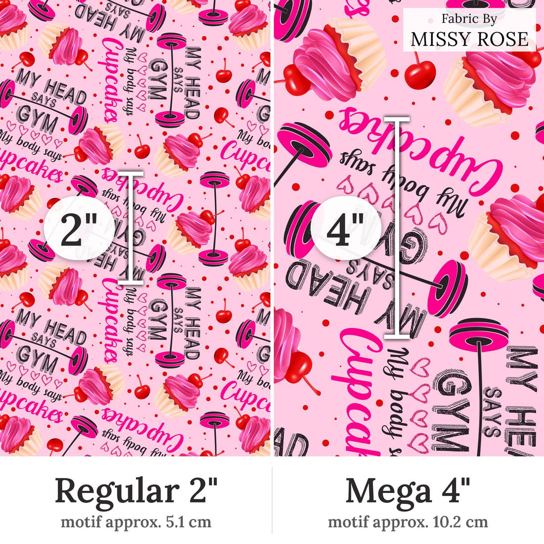 Design 168 Pink Gym Fabric Regular 2 inch vs Mega 4 inch print scale side by side | Fabric by Missy Rose