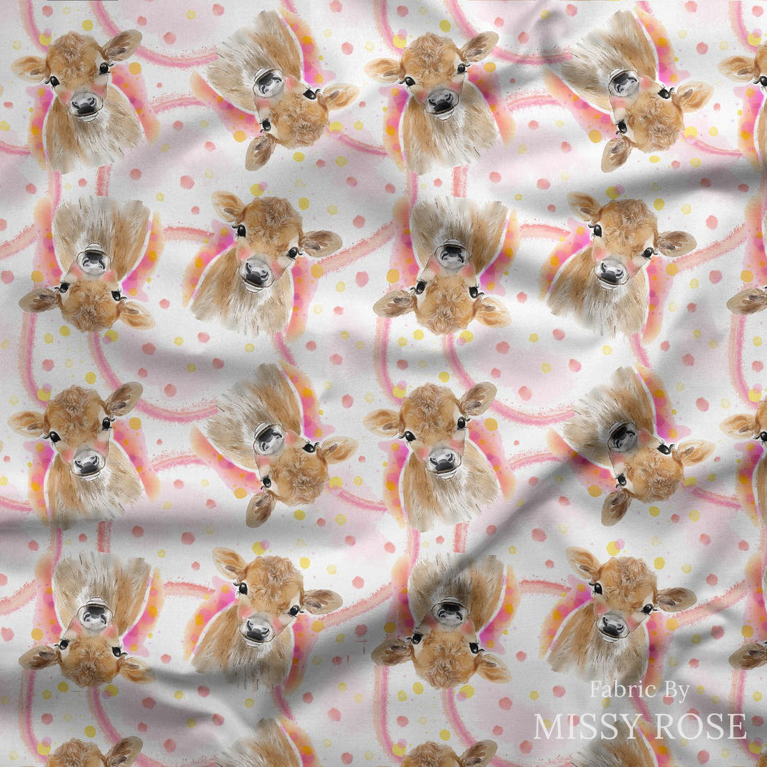Design 169 Cute Cow Fabric draped fabric mockup – custom printed fabric by the metre | Fabric by Missy Rose