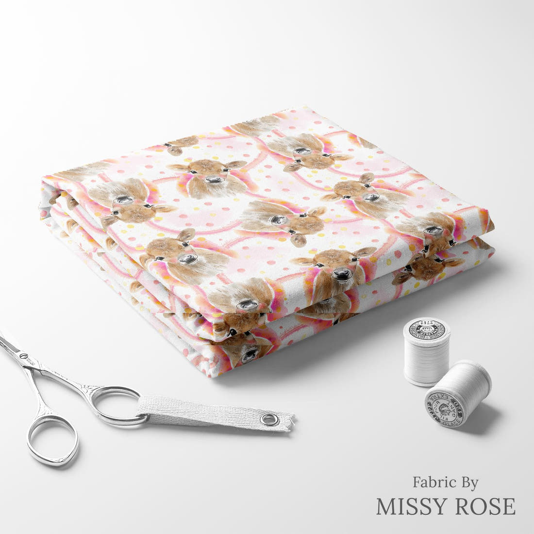 Design 169 Cute Cow Fabric folded fabric stack with matching thread – pre-order fabric Australia | Fabric by Missy Rose