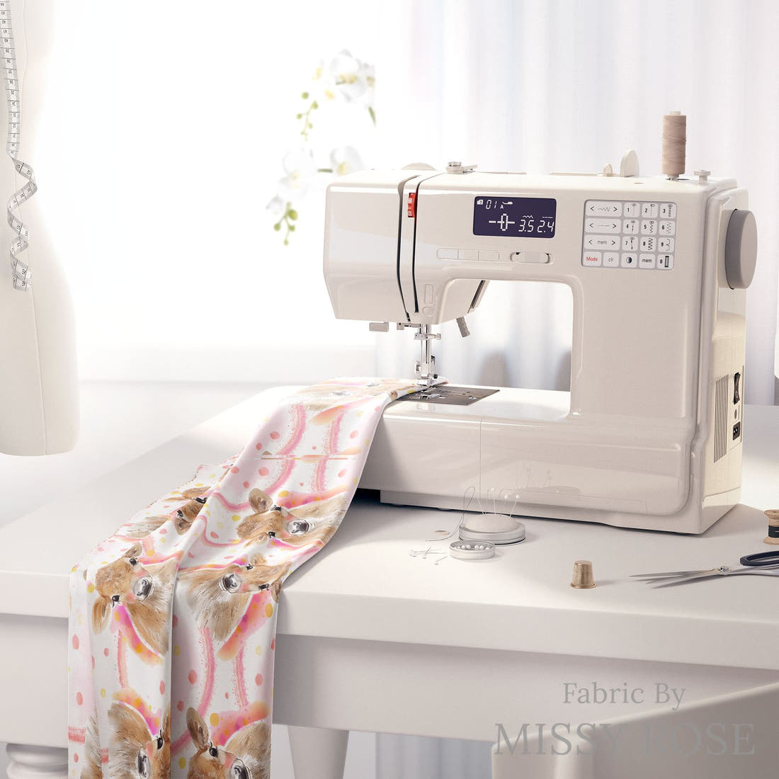 Design 169 Cute Cow Fabric on a sewing machine – premium fabric for sewing projects | Fabric by Missy Rose
