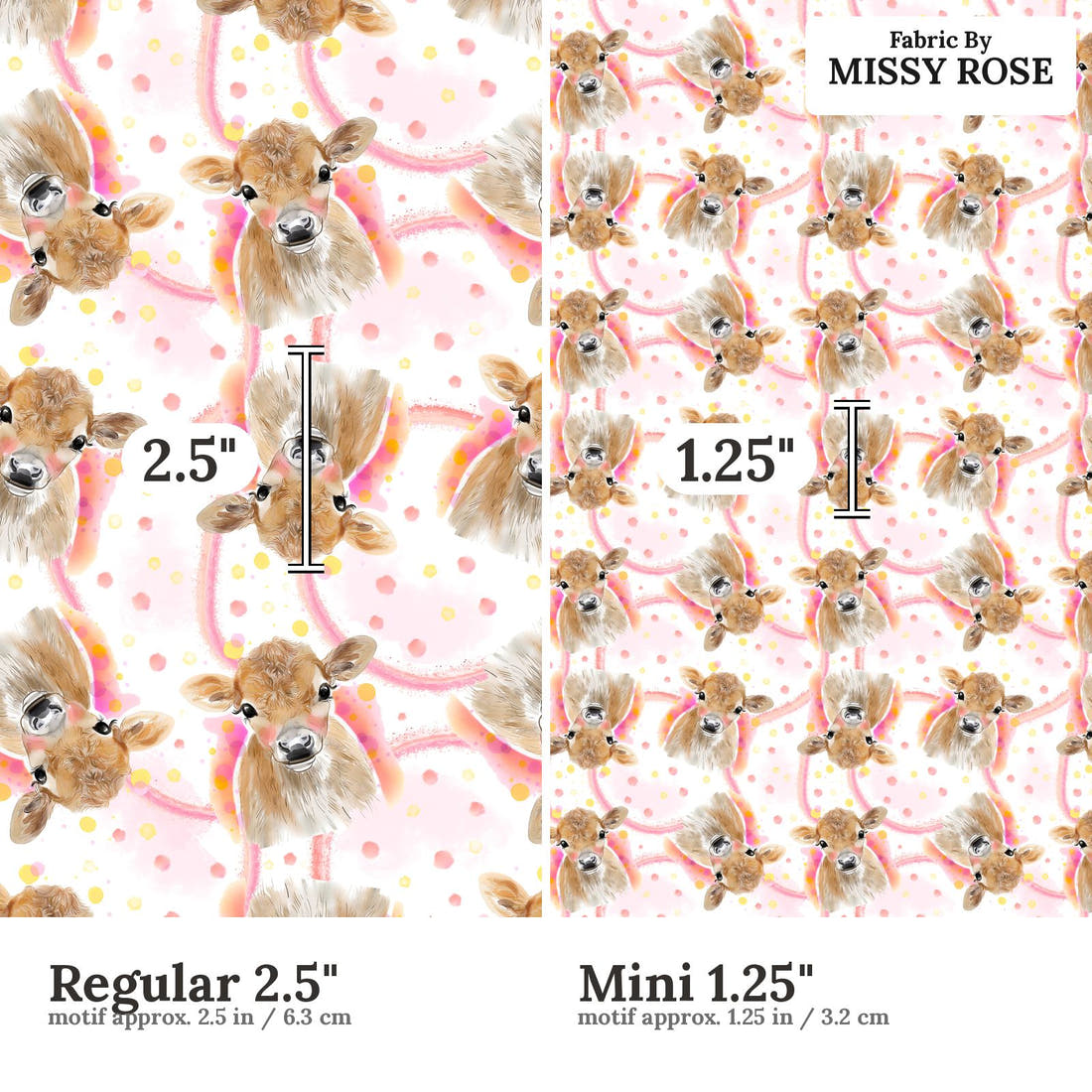 Design 169 Cute Cow Fabric size comparison - print scale | Fabric by Missy Rose