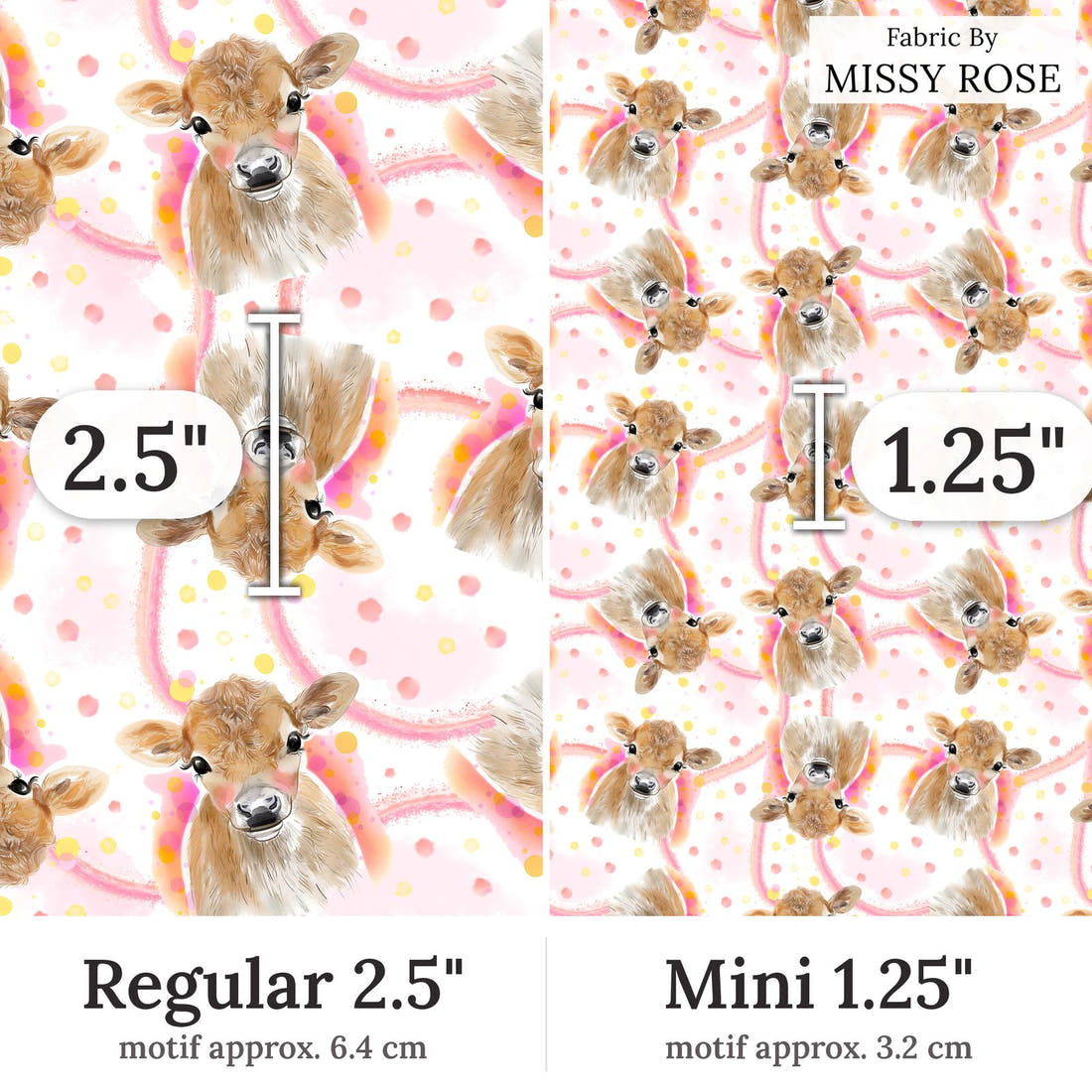 Design 169 Cute Cow Fabric Regular 2.5 inch vs Mini 1.25 inch print scale side by side | Fabric by Missy Rose