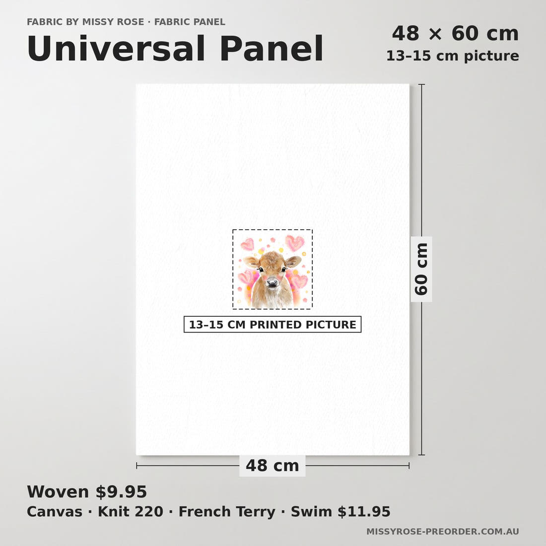 Design 169 Cute Cow Panel universal panel sizing – 13–15 cm printed picture on 48 × 60 cm fabric | Fabric by Missy Rose