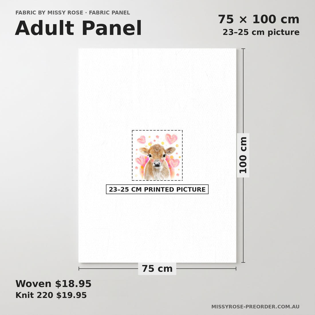 Design 169 Cute Cow Panel adult panel sizing – 23–25 cm printed picture on 75 × 100 cm fabric | Fabric by Missy Rose