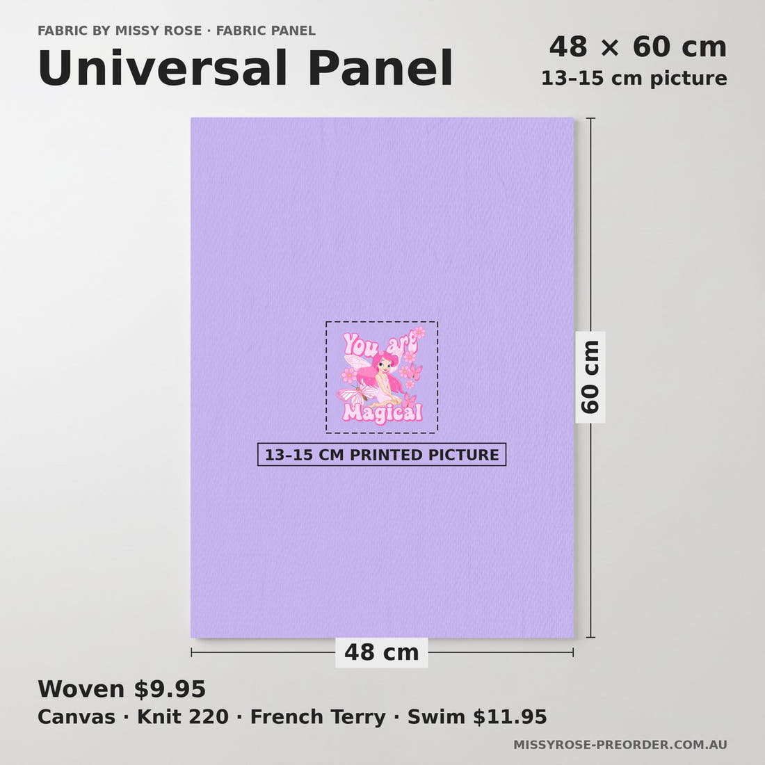 Design 17 Purple Fairy Panel universal panel sizing – 13–15 cm printed picture on 48 × 60 cm fabric | Fabric by Missy Rose