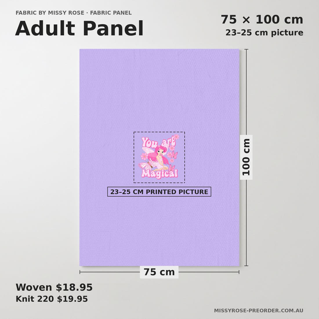 Design 17 Purple Fairy Panel adult panel sizing – 23–25 cm printed picture on 75 × 100 cm fabric | Fabric by Missy Rose