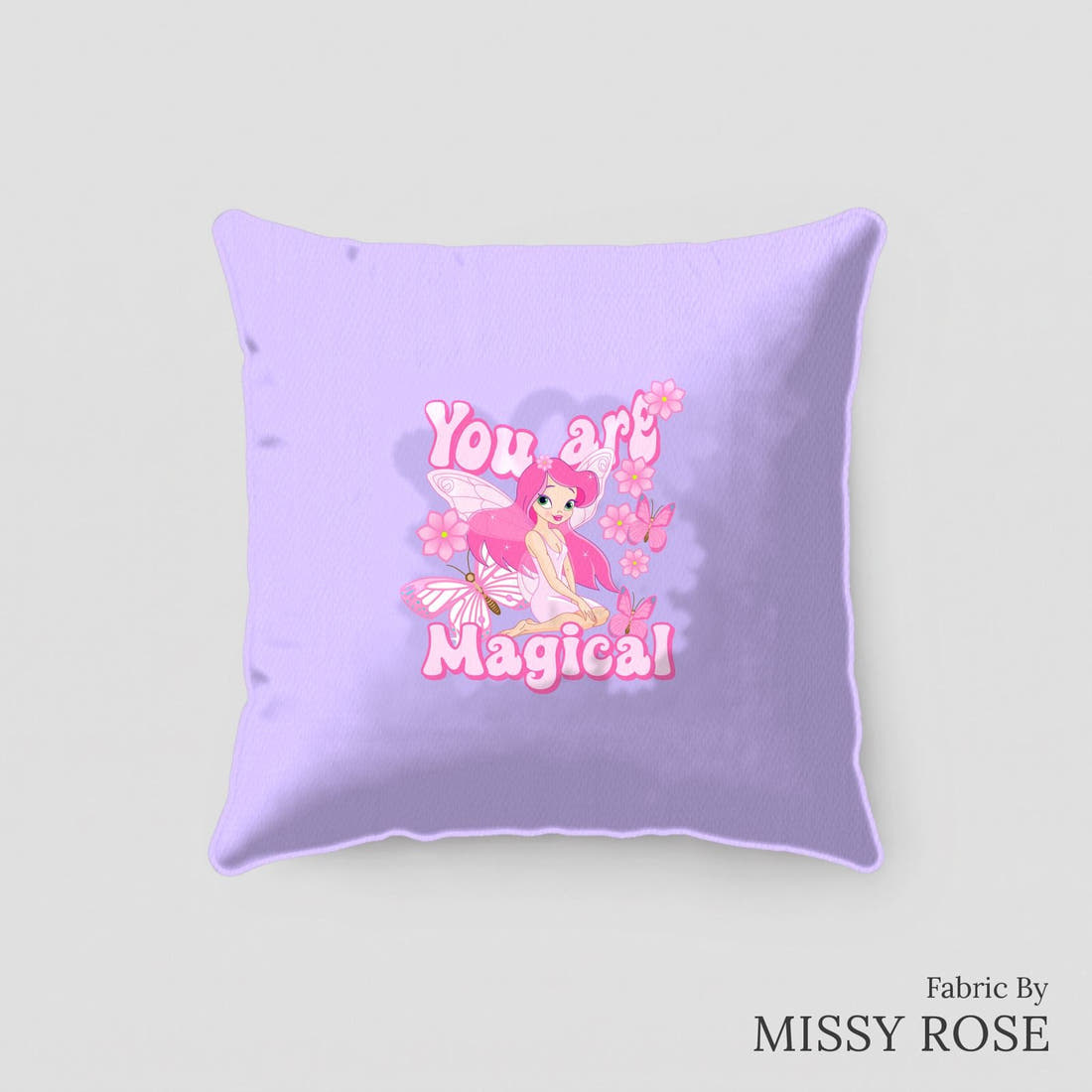 Design 17 Purple Fairy Panel sewn into a cushion – see how the panel looks made up | Fabric by Missy Rose
