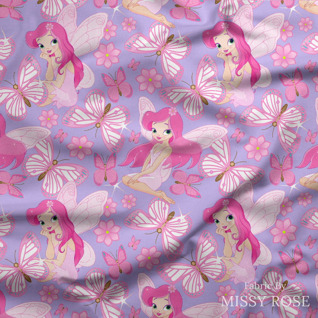 Design 17 Purple Fairy Fabric draped fabric mockup – custom printed fabric by the metre | Fabric by Missy Rose