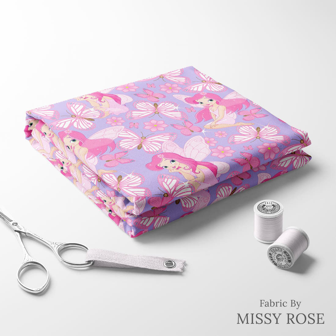 Design 17 Purple Fairy Fabric folded fabric stack with matching thread – pre-order fabric Australia | Fabric by Missy Rose