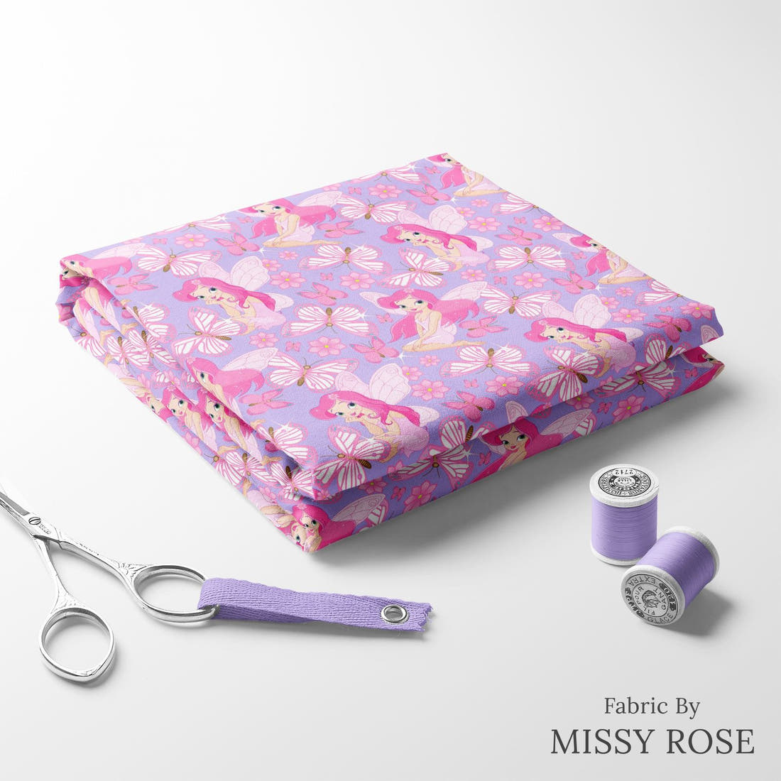 Design 17 Purple Fairy Fabric folded fabric stack with matching thread – pre-order fabric Australia | Fabric by Missy Rose
