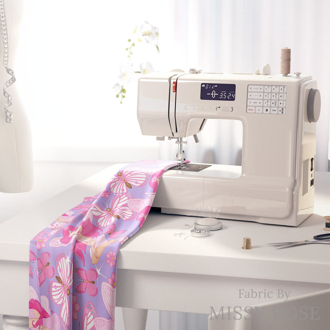 Design 17 Purple Fairy Fabric on a sewing machine – premium fabric for sewing projects | Fabric by Missy Rose