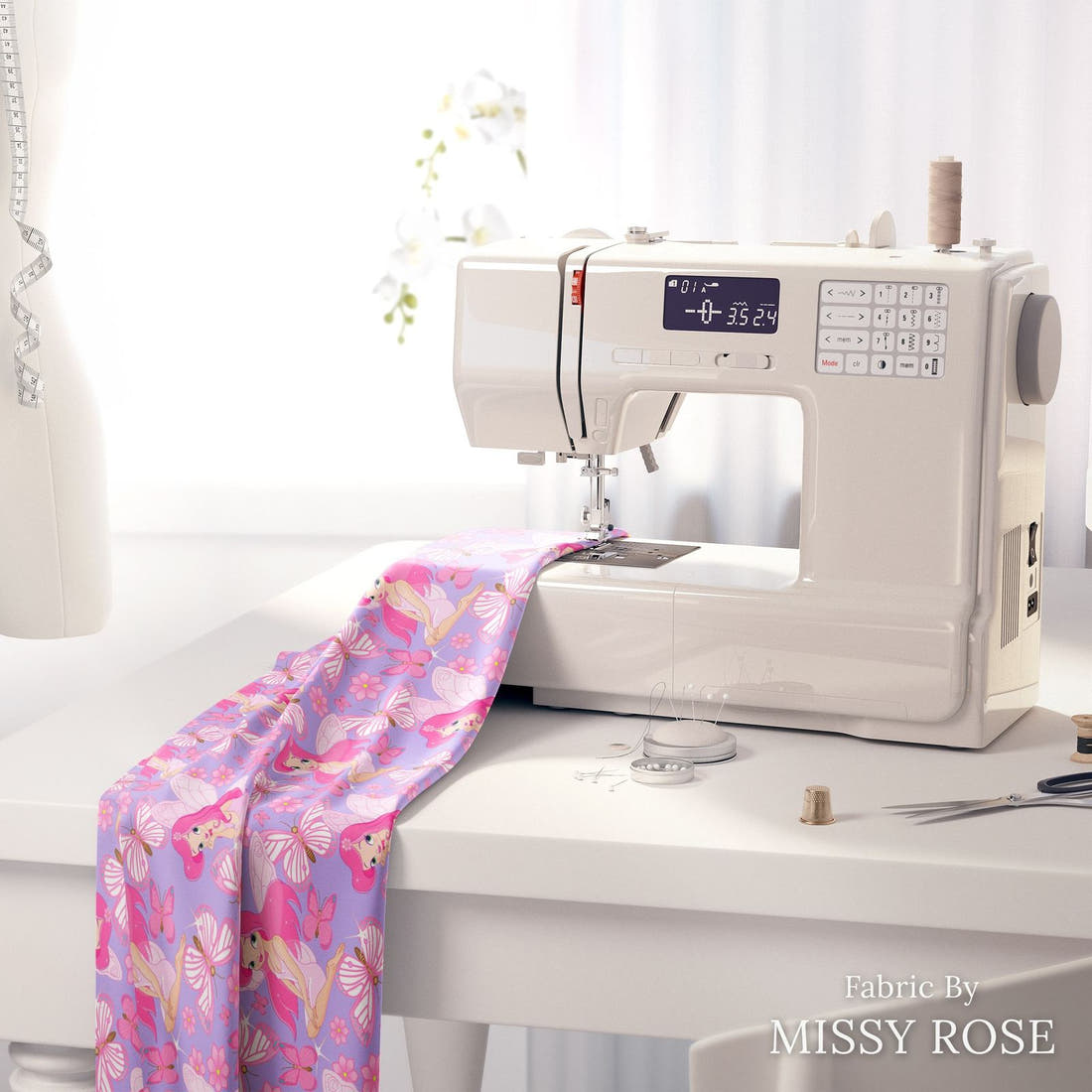 Design 17 Purple Fairy Fabric on a sewing machine – premium fabric for sewing projects | Fabric by Missy Rose