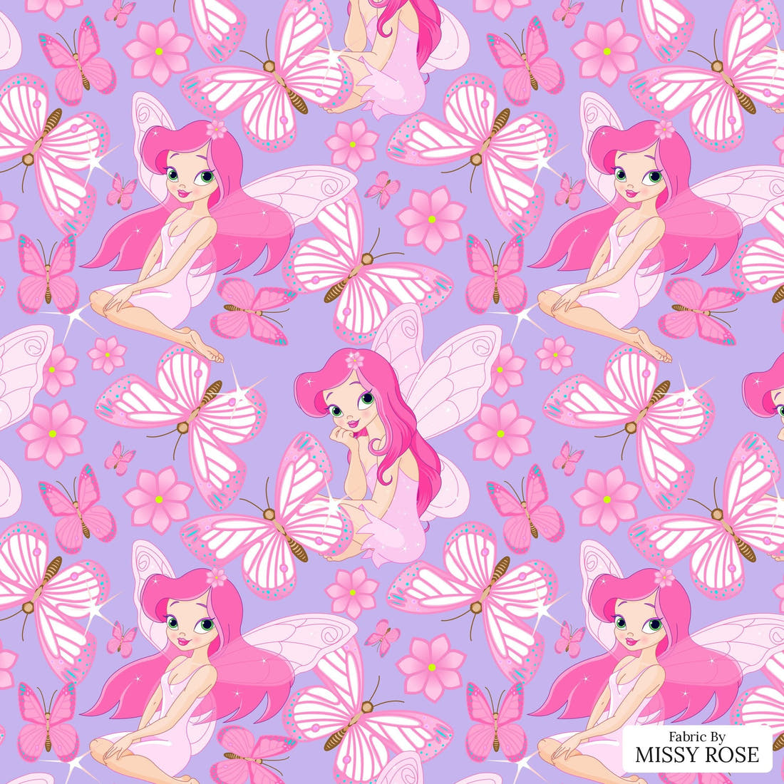 Design 17 Purple Fairy Fabric - flat view of the print, zoom in for detail | Fabric by Missy Rose