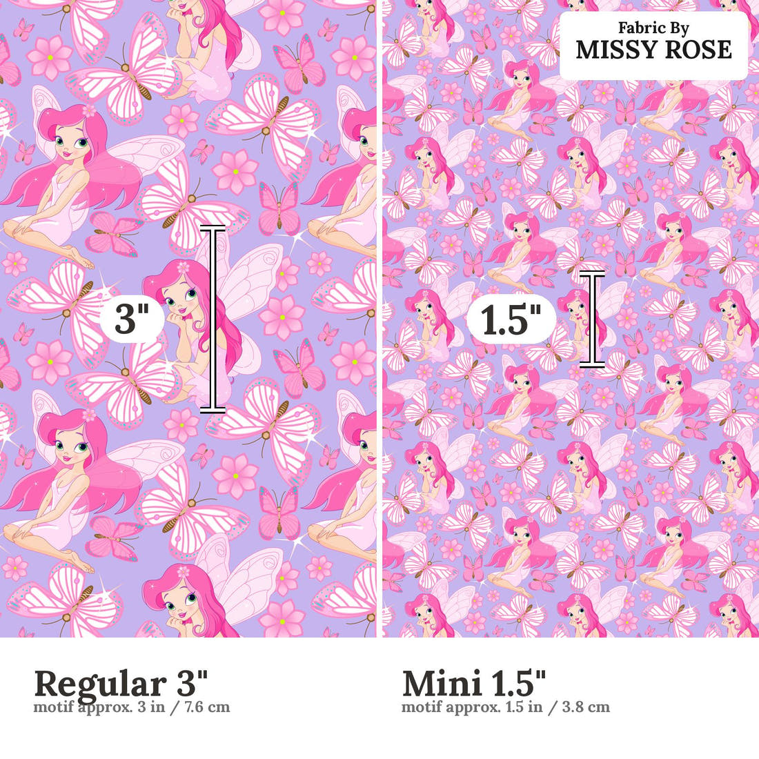 Design 17 Purple Fairy Fabric size comparison - print scale | Fabric by Missy Rose
