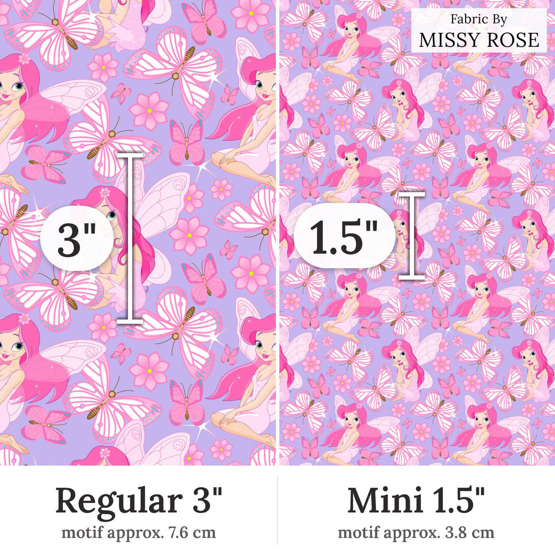 Design 17 Purple Fairy Fabric Regular 3 inch vs Mini 1.5 inch print scale side by side | Fabric by Missy Rose