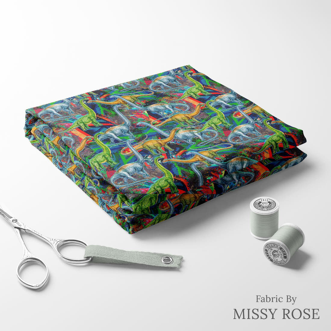 Design 170 Dinosaur Fabric folded fabric stack with matching thread – pre-order fabric Australia | Fabric by Missy Rose