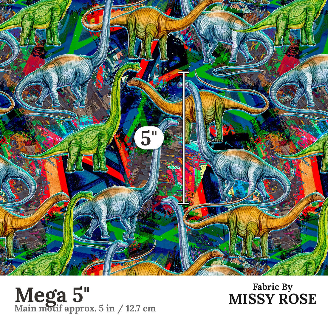Design 170 Dinosaur Fabric Mega 5" - print scale | Fabric by Missy Rose