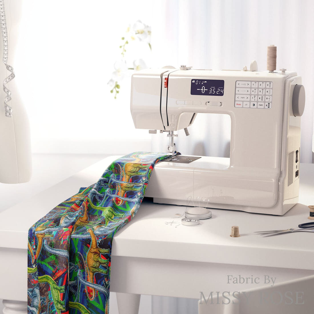 Design 170 Dinosaur Fabric on a sewing machine – premium fabric for sewing projects | Fabric by Missy Rose