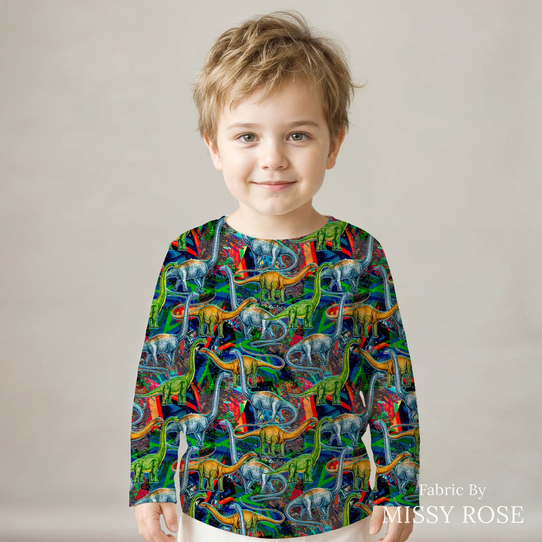 Design 170 Dinosaur Fabric sewn into a kids' long sleeve top – see how the print looks made up | Fabric by Missy Rose