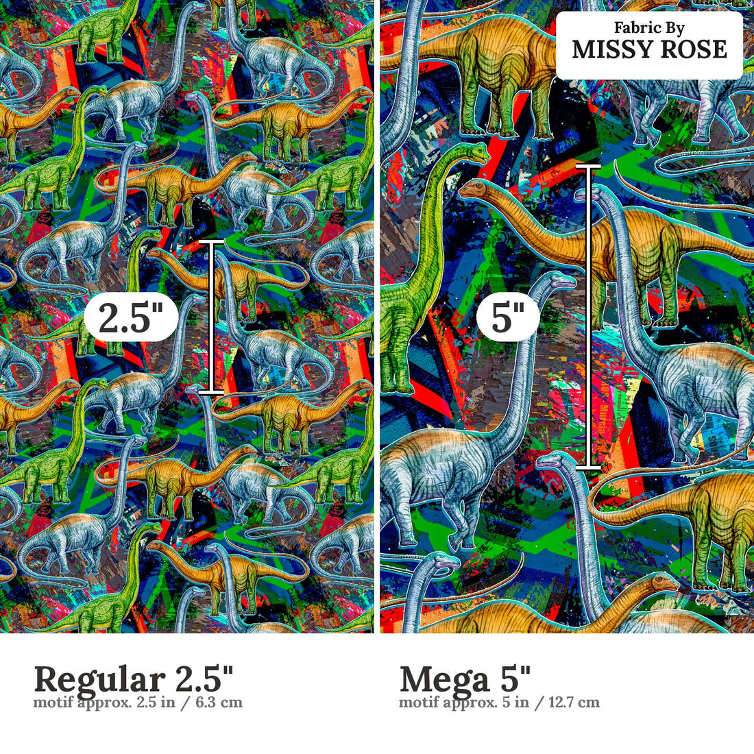 Design 170 Dinosaur Fabric size comparison - print scale | Fabric by Missy Rose