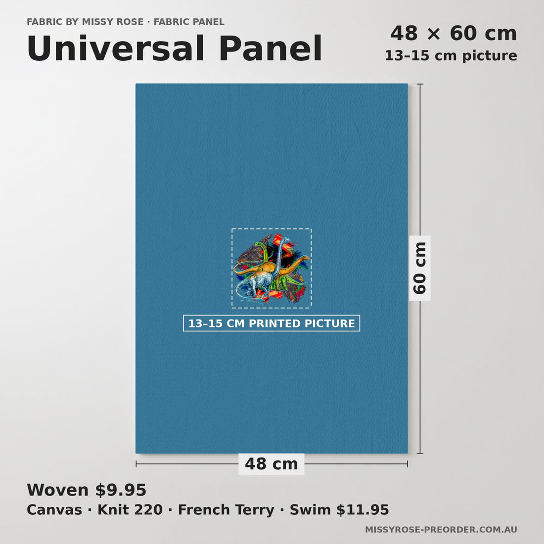 Design 170 Dinosaur Panel universal panel sizing – 13–15 cm printed picture on 48 × 60 cm fabric | Fabric by Missy Rose