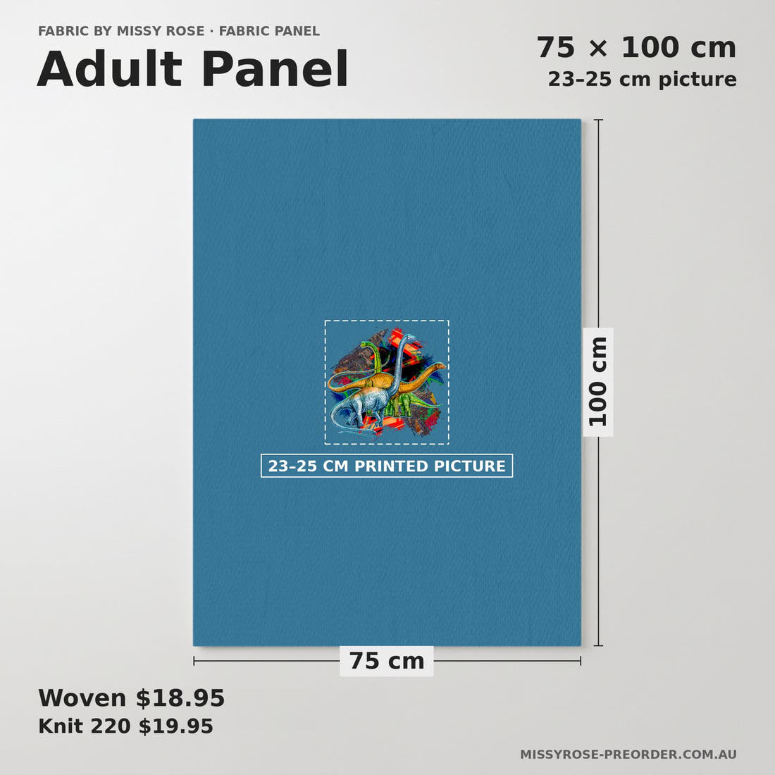 Design 170 Dinosaur Panel adult panel sizing – 23–25 cm printed picture on 75 × 100 cm fabric | Fabric by Missy Rose