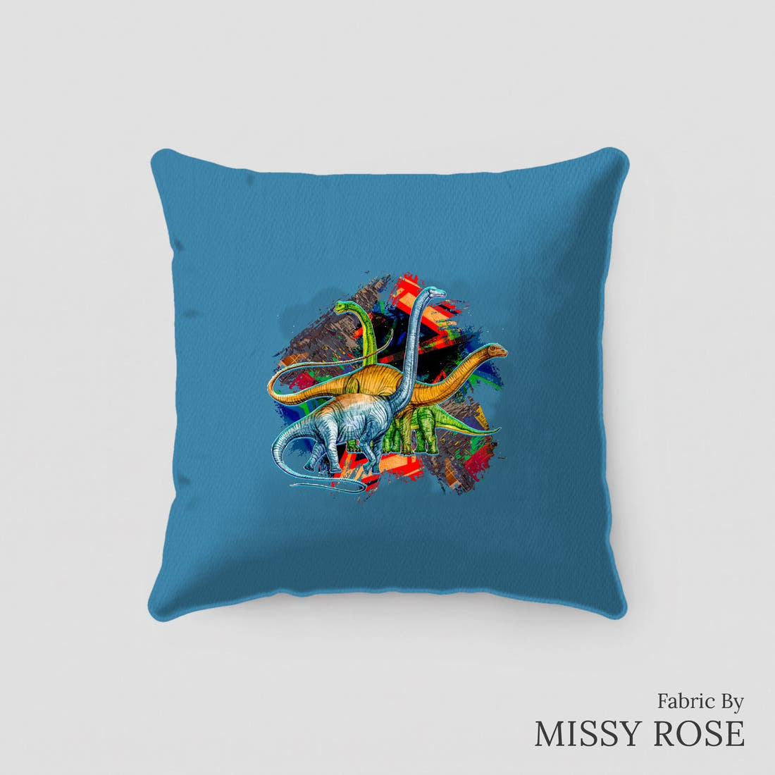 Design 170 Dinosaur Panel sewn into a cushion – see how the panel looks made up | Fabric by Missy Rose