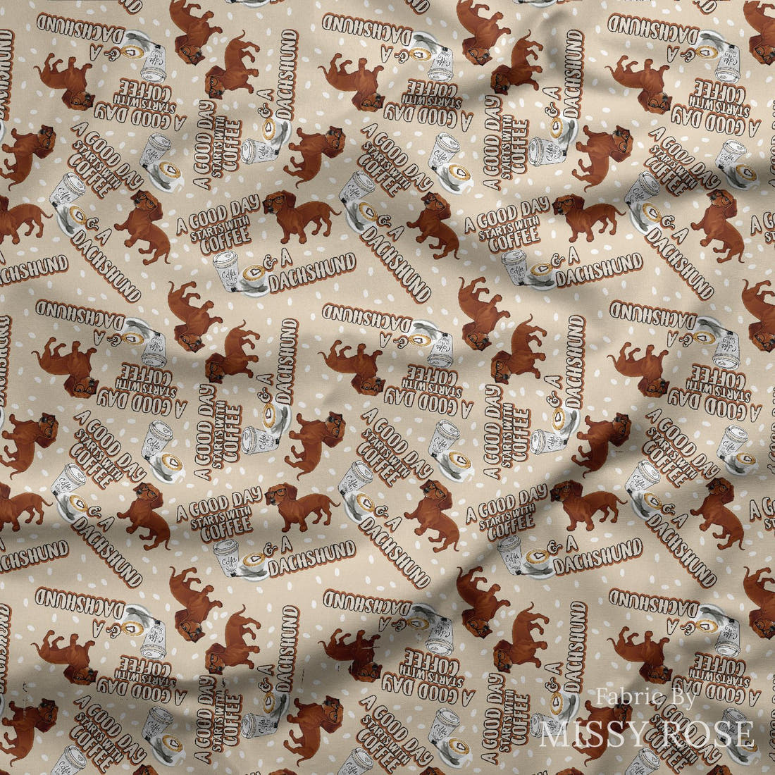 Design 171 Daschund Fabric draped fabric mockup – custom printed fabric by the metre | Fabric by Missy Rose